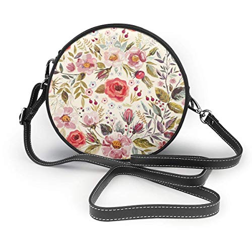 Pedales de flores color de rosa de acuarela Imprimir Bolsos cruzados redondos Bolso de hombro para mujer Correa de cadena de cuero de PU ajustable Bolso pequeño Bolso redondo con asas para monedero