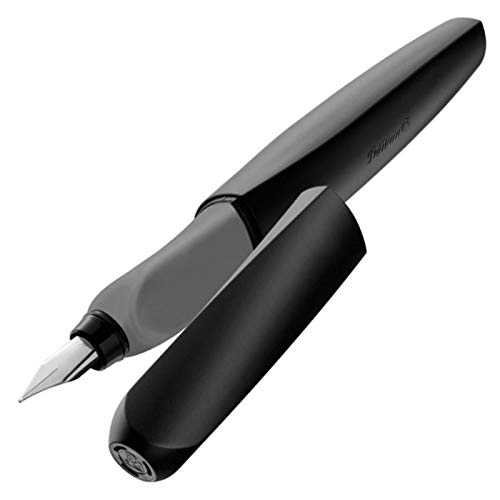 Pelikan 946806 - Pluma estilográfica Twist cartucho de tinta azul incluido, mango ergonómico, para usuarios diestros y zurdos, uso escolar, punta de acero M, Negro