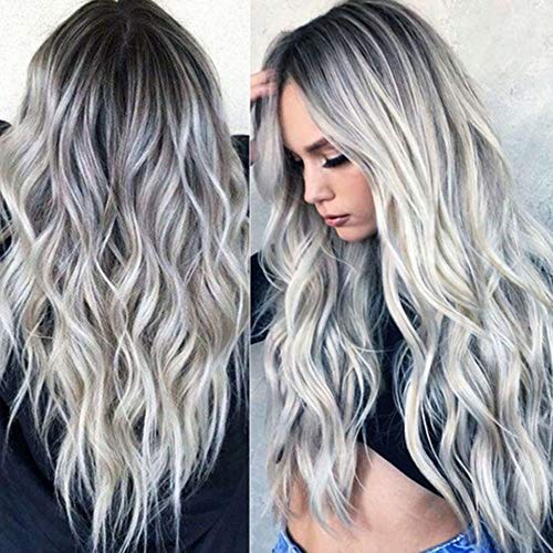 Peluca sintética Ombre, color gris plateado, ondulado de aspecto natural, resistente al calor Peluca sintética Ombre, color gris plateado, ondulado de aspecto natural, resistente al calor
