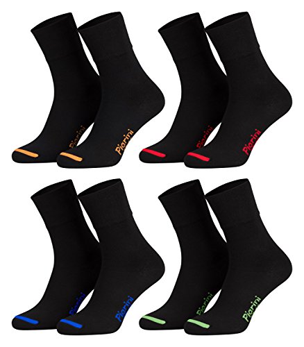 Piarini - 8 pares de calcetines unisex - Sin elástico - Caña cómoda - Negro con puntera de color - 39-42