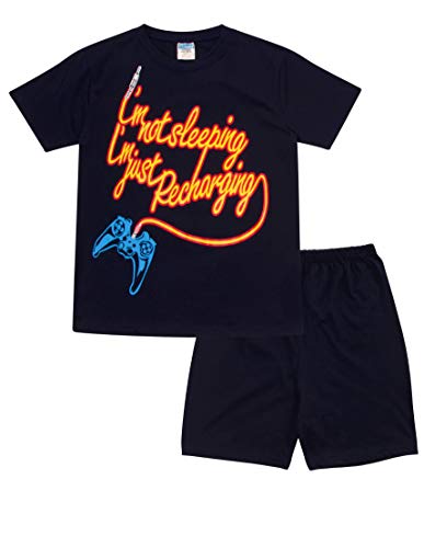 Pijama con pantalón corto, texto en inglés "I'm Not Sleeping I'm Just Recharging" para niños, 11 a 16 años, color azul Azul azul 11-12 Años