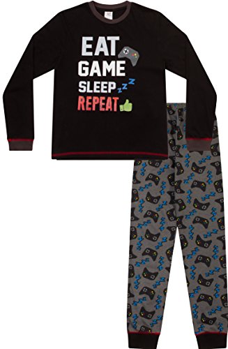 Pijamas largos con texto en inglés "Eat Sleep Game Repeat", para niños, de 8 a 15 años AOP Negro negro 10-11 Años