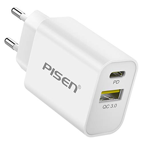 PISEN Cargador USB Pared, Cargador Móvil USB C Rápido con 2 Puertos USB C Power Delivery 3.0 y USB QC 3.0 Máxima de 3A Enchufe Multipuerto Europeo para Phone 11, XR, MacBook Air, Airpods Pro y Más