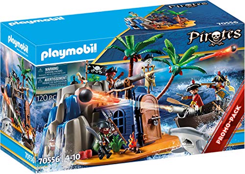 PLAYMOBIL Pirates 70556 - Isla Pirata con escondite del Tesoro y Barco Flotante, para niños de 4 a 10 años