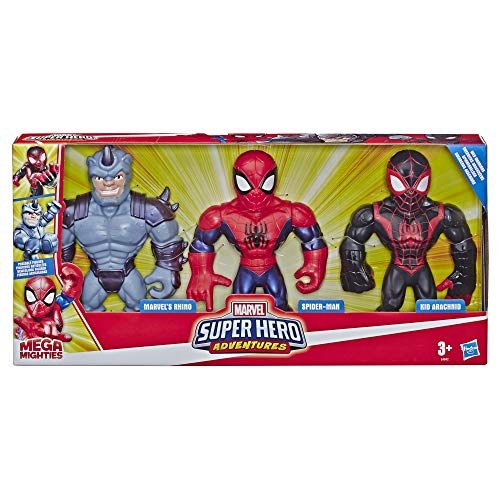 Playskool Heroes Mega Mighties Marvel Super Hero Adventures Web Warriors - Juego de 3 Figuras de Spider-Man, Kid Arachnid, Marvel Rhino, 25 cm, niños a Partir de 3 años