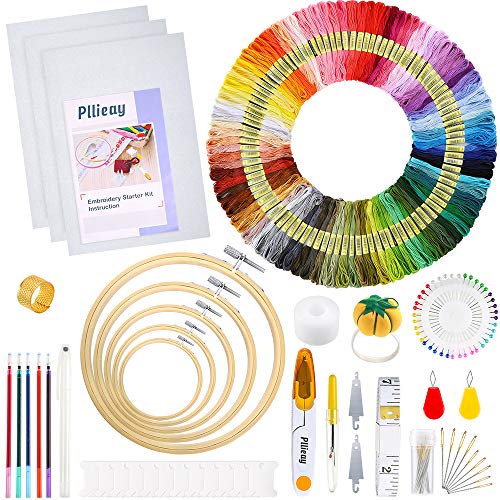 Pllieay Kit completo de bordado de 205 piezas con instrucciones, aros de bordado de bambú de 5 piezas, hilos de 100 colores, kit de herramientas de punto de cruz y tela Aida de 3 piezas para coser