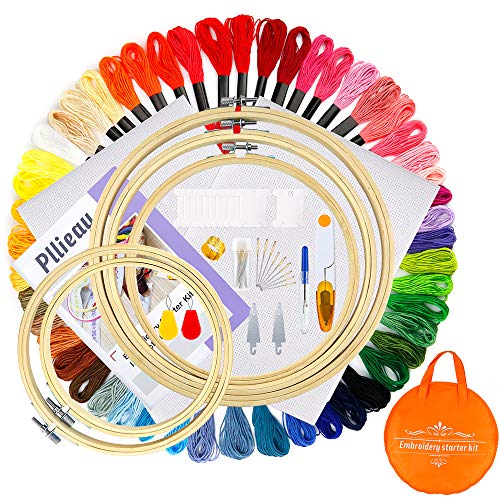 Pllieay Kit de bordado para principiantes con 5 aros de bambú para bordados, 50 hilos de color, reserva clásica Aida con kit de herramientas de punto de cruz