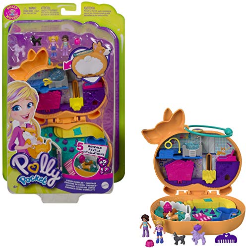 Polly Pocket Cofre con Forma de Perro Corgi Cuddles, con muñecas y Mascotas, Juguete niños +4 años (Mattel GTN13)