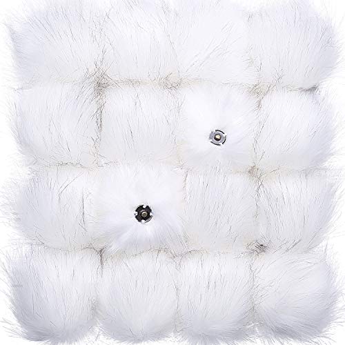 Pompones de Piel Falso de Manualidades con Botones de Presión Pompones Esponjosos Desmontables para Gorras de Punto Zapato Bufanda Accesorios de Bolsa (16 Piezas, Color Blanco)