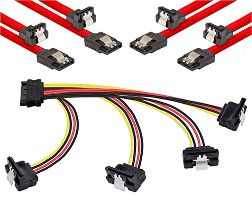 Poppstar - Juego de Cables Sata (Enchufe Recto - 90° en ángulo), 4X 0,5m Sata 3 Cable de Datos, Rojo + 20cm Adaptador de Cable de alimentación Y de 4 vías, para HDD, SSD