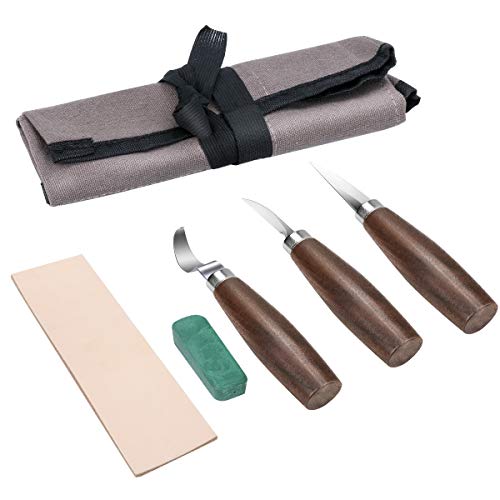 Powcan Cuchillo de Gancho de Talla de Madera para tallar cucharas Tazones Kuksa y Tazas, Herramientas de Tallado de Cuchara para diestrus Viene con un Compuesto de Pulido de Cuero y una Bolsa de Tela