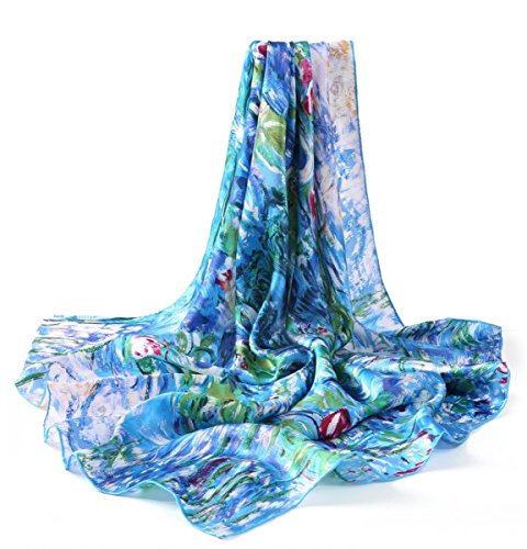 prettystern - bufanda de seda enrollada a mano señoras azul 90 cm Monet 100% seda - lirios de agua P773