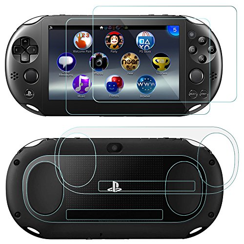 Protectores de Pantalla para Sony PlayStation Vita 2000 con Espalda Protectores, AFUNTA 2 Pack (4 piezas) de Vidrio Templado para Pantalla Frontal y HD Película de PET Transparente