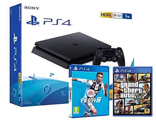 PS4 Slim 1Tb Negra Playstation 4 Consola + FIFA 19 + GTA V PS4 Slim 1Tb Negra Playstation 4 Consola + FIFA 19 + GTA V
