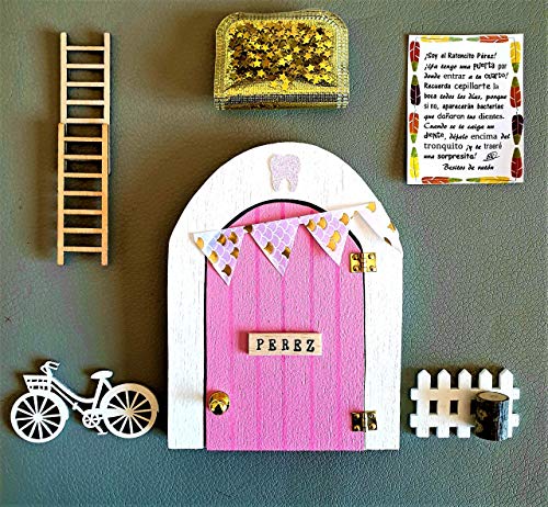 Puerta Ratoncito Perez que SE ABRE!! de madera (TALLER ARTESANAL) con accesorios * rosa*