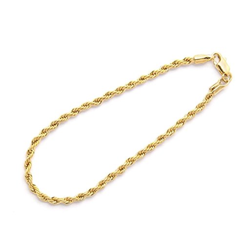 Pulsera de cadena de oro de 3 mm, chapada en oro de 14 quilates, cadena de cuerda con corte de diamante con una cadena hecha en Estados Unidos.