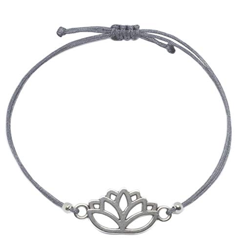Pulsera Lotus de plata Selfmade Jewelry con flor de loto, tamaño ajustable en banda gris, hecha a mano, para mujeres y niñas, incluye bolsita para joyas