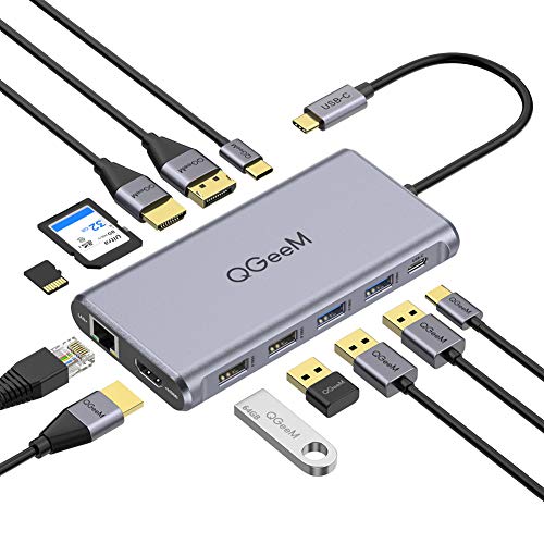 QGeeM Hub USB C, 12 en 1 Triple Display Type C Hub a Dual 4K HDMI y DP, Adaptador USB C a USB, 100 W PD, Gigabit Ethernet, Lector de Ttarjetas USB C, Estación de Acoplamiento USB