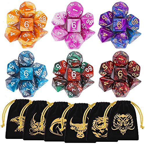 QMAY Poliédrico Dados, 6 x 7 (42 Piezas) Colores Dobles Dados de Juego, para Dungeons and Dragons DND RPG MTG D20 D12 D10 D8 D6 D4 Juego de Mesa, con Paquete de 6 Negro Bolsas