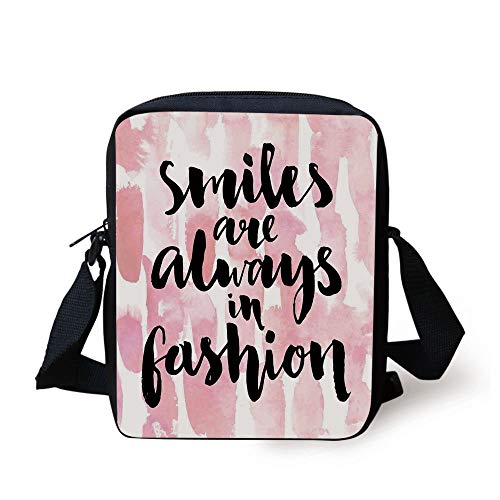 Quote,Smiles are Always in Fashion Quote in Handwriting Style on Watercolor Strokes Art,Pink Black Print Kids Crossbody Messenger Bag Purse