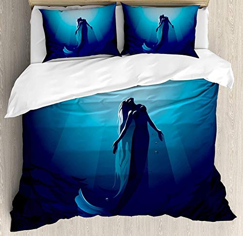 QWAS Funda nórdica de sirena Fantasy Sirenita en aguas profundas, rayos de sol, nadando en la superficie, Artwork Print Indigo (A1,135 x 200 cm + 80 x 80 cm x 2)