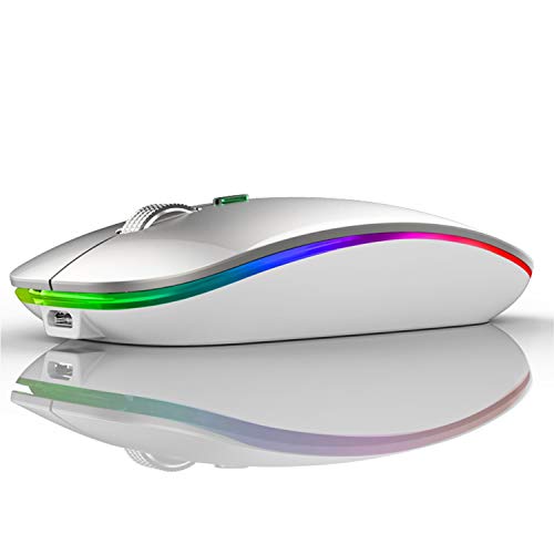 Ratón Inalámbrico Recargable, Ultra Delgado Receptor Nano Wireless Mouse 1600 dpi Ajustables Silencioso Mini Mouse Multicolor LED para Computadora Portátil, PC, Portátil, Computadora, Macbook (Plata)