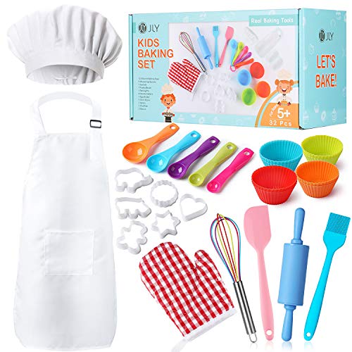 Real Kids Baking Set 32 piezas incluye delantal para niños, sombrero de chef, guante de horno, herramientas reales para hornear, el mejor regalo adecuado para niños y niñas
