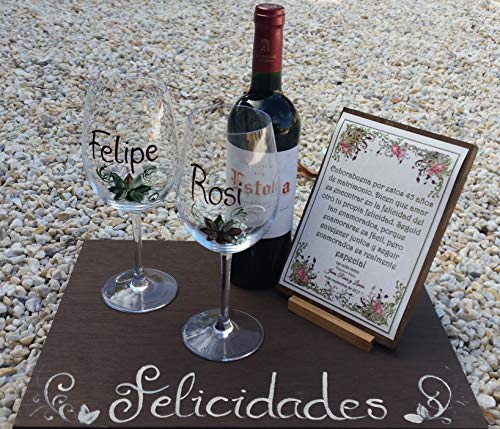 Regalo Boda de Oro o Plata personalizado y con dedicatoria personal copas 25 o 50 aniversario tabla y vino