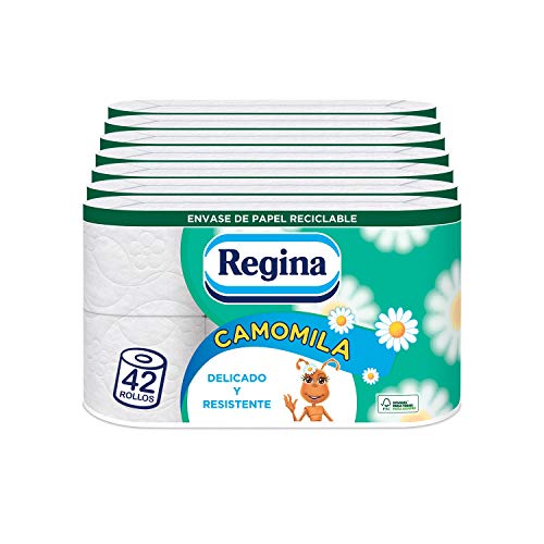 Regina Camomila Papel Higiénico | 42 rollos | 3 capas, 150 servicios por rollo | Perfumado con aroma a camomila | Envase de papel reciclable | Papel 100% certificado FSC® Regina Camomila Papel Higiénico | 42 rollos | 3 capas, 150 servicios por rollo | Perfumado con aroma a camomila | Envase de papel reciclable | Papel 100% certificado FSC®