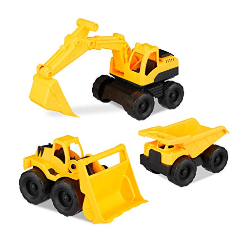 Relaxdays 10023916 - Juego de 3 vehículos de construcción con Excavadora, Carga Frontal y camión, para cajón de Arena y habitación de los niños, de plástico, Color Amarillo
