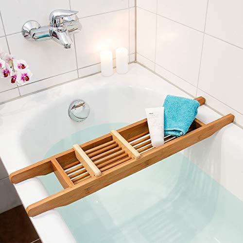 Relaxdays - Balda Auxiliar para bañera (con jabonera, Madera de bambú, 70 x 5,5 x 15 cm)