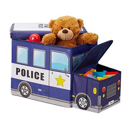 Relaxdays Baúl para Juguetes, Taburete Infantil Plegable, Caja con Compartimento, Unisex, Policía, Azul Oscuro