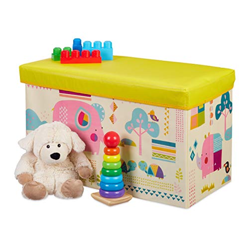 Relaxdays Baúl para Juguetes, Taburete Infantil, Plegable, niñas, Animales, 50L, Amarillo, 36 x 60,5 x 30,5 cm Relaxdays Baúl para Juguetes, Taburete Infantil, Plegable, niñas, Animales, 50L, Amarillo, 36 x 60,5 x 30,5 cm