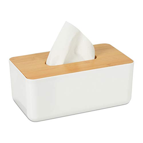 Relaxdays Caja para pañuelos, Tapa de bambú, para el baño, Moderno, Plástico, 10 x 23 x 13 cm, 1 Ud, Blanco & Marrón, Blanco/Marrón Relaxdays Caja para pañuelos, Tapa de bambú, para el baño, Moderno, Plástico, 10 x 23 x 13 cm, 1 Ud, Blanco & Marrón, Blanco/Marrón