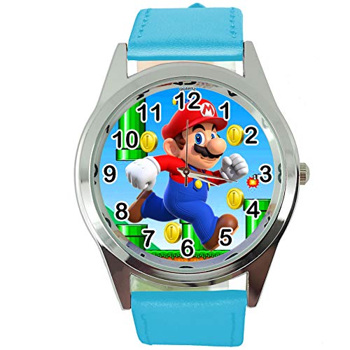 Reloj de cuarzo redondo azul correa de cuero bigote fontanero