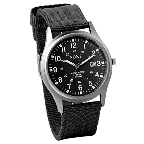 Reloj de Hombre Correa de Nylon Reloj Militar Deportivo, Verde Reloj de Piloto Ligero Reloj de Cuarzo Japonés, Reloj con Calendario, Luminoso, Reloj de Negocio Causal, Regalo Navidad, Avaner (Negro)