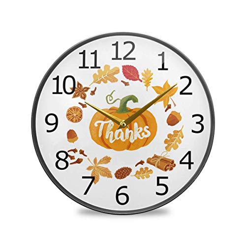 Reloj de Pared Redondo de Arce de Calabaza con Hojas de otoño de acción de Gracias, Reloj de baño silencioso de 9,84 Pulgadas para Dormitorio, Cocina, Oficina