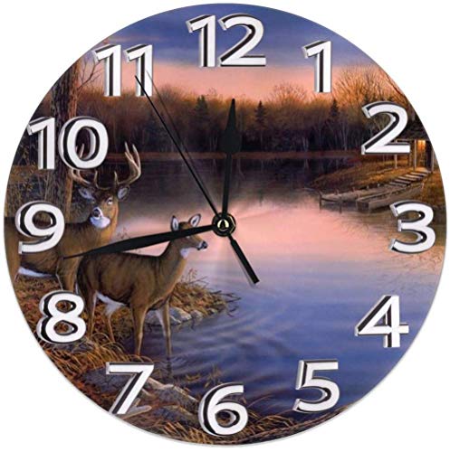 Reloj de Pared Redondo Reloj de Escritorio Retro Ciervos en The Ege of The River Decoración Impresa Silencioso Digital con Pilas