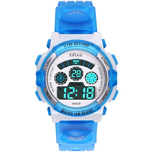 Reloj Digital para Niños,Niños Niñas 50M (5ATM) Impermeable 7 Colores LED Relojes Deportivos Multifuncionales para Exteriores con Alarma (Azul)
