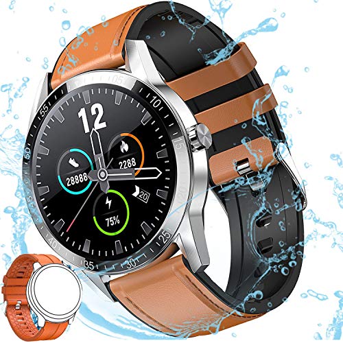 Reloj Inteligente Hombre, Smartwatch Mujer | 168 MB ROM | IP68 Impermeable con micrófono Altavoz,Realizar y Recibir Llamadas, música,14 Modos Deportivos y de Salud Smart watch (Marrón y Naranja Correa