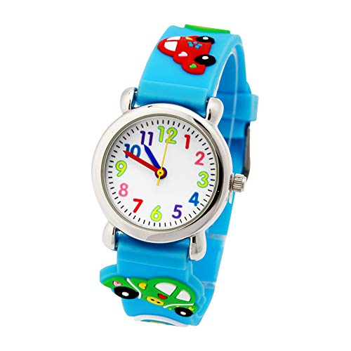 Reloj para Niños de Vinmori, Reloj de Cuarzo con Dibujos Animados Bonitos en 3D Resistente al Agua. Regalo para Chicos, Niños y Niñas (Coche - Azul)