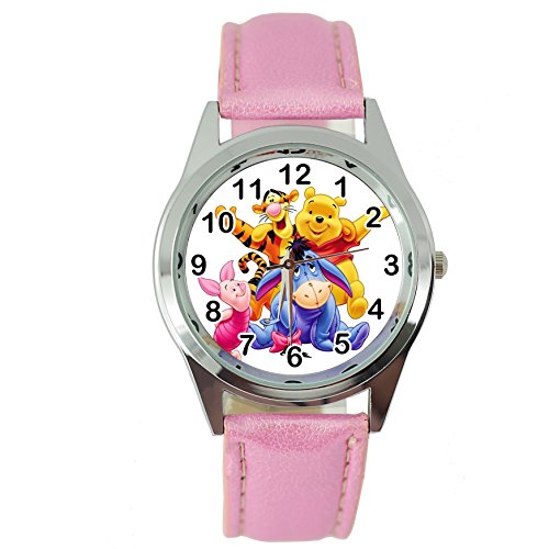 Reloj redondo de cuarzo con correa de cuero rosa para los fans del oso de peluche