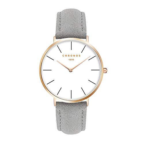 Relojes Mujer y Hombre Ultradelgado Cuero Clásico, Gris-Oro Rosa