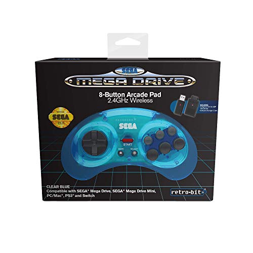 Retro-bit Official Sega Mega Drive 8-Button 2.4Ghz Wireless Arcade Pad For Mega Drive Mini Console, Sega Mega Drive Console, PC, Switch, macOS, PlayStation 3, Steam (Clear Blue) [Importación inglesa]
