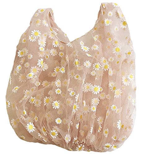 RETYLY Spring Women Small Tote Transparent Mesh Cloth Bag Daisy Bordado Bolso Eco Fruit Bag Monedero para Ni？As Rosa