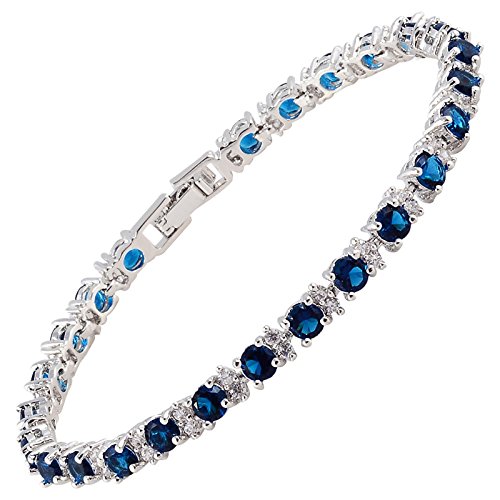 Rizilia Eternidad Tenis Pulsera [18cm/7inch] con Corte Redondo Piedras Preciosas Circonita CZ [Zafiro Azul] en 18K Chapado en Oro Blanco, Elegancia Moderna Sencillo