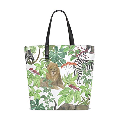 Rootti Jungle Animal Pattern - Bolso de hombro de piel de poliéster para mujeres y niñas, reutilizable, para trabajo, viajes, compras, uso de doble cara, asa Rootti Jungle Animal Pattern - Bolso de hombro de piel de poliéster para mujeres y niñas, reutilizable, para trabajo, viajes, compras, uso de doble cara, asa