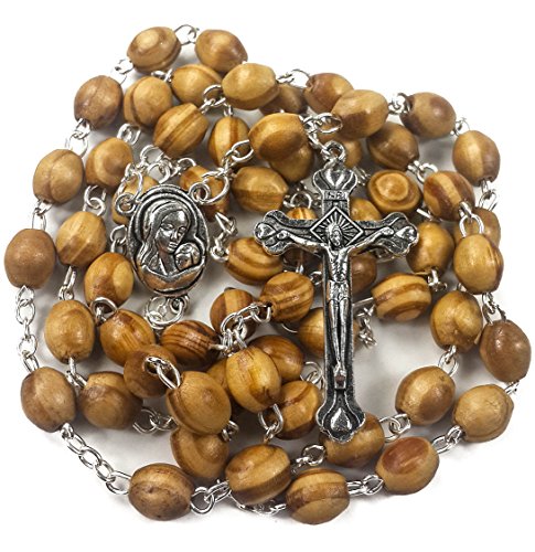 Rosario con perlas de madera de olivo para oración católica, collar con medalla de Tierra Santa y cruz de metal