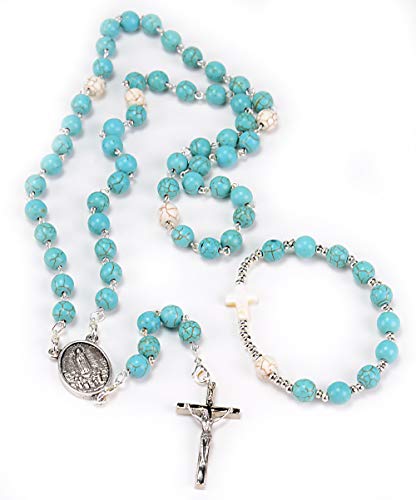 Rosario Religioso Fatima Convertible en Collar, Pulsera Decenario a Juego, Caja de Madera (Virgen de Fátima) y Bolsa Estampada con Imágenes Variadas de la Virgen. Rosario Origen Turquesa