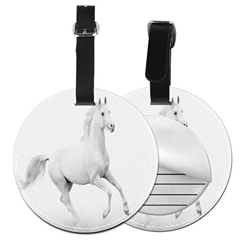 Round Travel Luggage Tags,White Stallion Running Horse Galloping Motion Speed Equestrian Print,Leather Baggage Tag